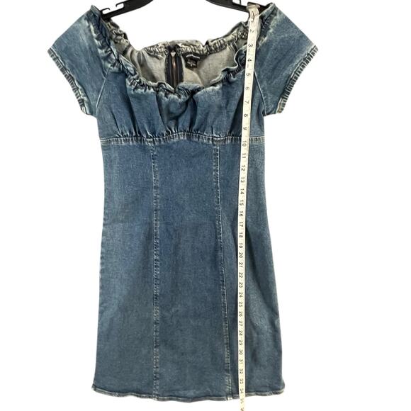 Moda International Y2K Denim Dress 6 Blue Ruffle Neck Milkmaid Stretch Retro - Picture 9 of 15